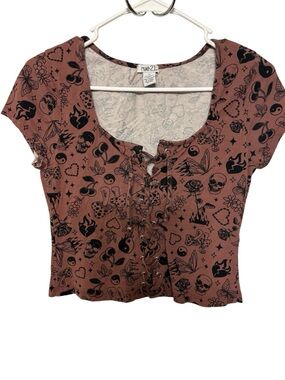 Rue21 Rust Lace-Up Graphic Crop Top with Black Motifs